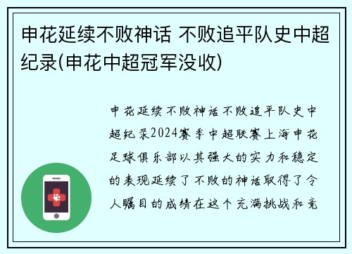 申花延续不败神话 不败追平队史中超纪录(申花中超冠军没收)