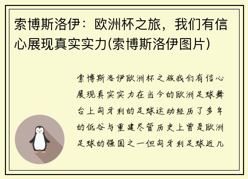 索博斯洛伊：欧洲杯之旅，我们有信心展现真实实力(索博斯洛伊图片)