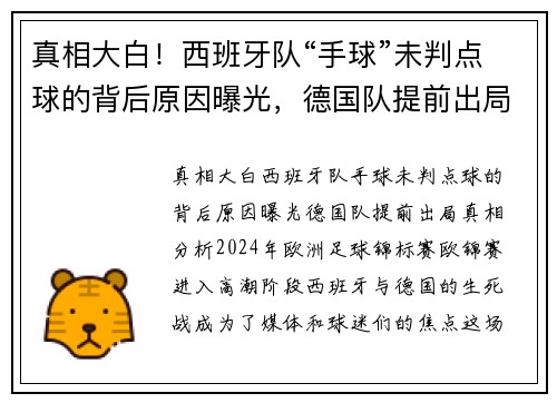真相大白！西班牙队“手球”未判点球的背后原因曝光，德国队提前出局真相分析