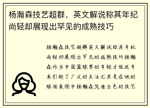 杨瀚森技艺超群，英文解说称其年纪尚轻却展现出罕见的成熟技巧