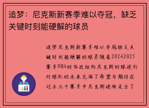 追梦：尼克斯新赛季难以夺冠，缺乏关键时刻能硬解的球员