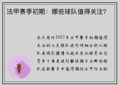 法甲赛季初期：哪些球队值得关注？