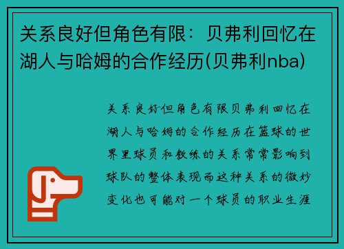 关系良好但角色有限：贝弗利回忆在湖人与哈姆的合作经历(贝弗利nba)