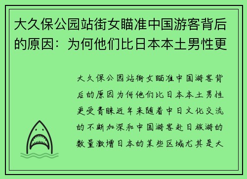 大久保公园站街女瞄准中国游客背后的原因：为何他们比日本本土男性更受青睐？