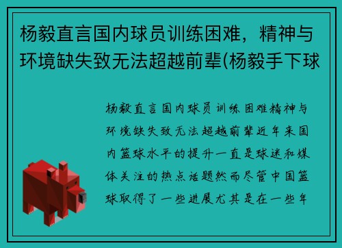 杨毅直言国内球员训练困难，精神与环境缺失致无法超越前辈(杨毅手下球员)